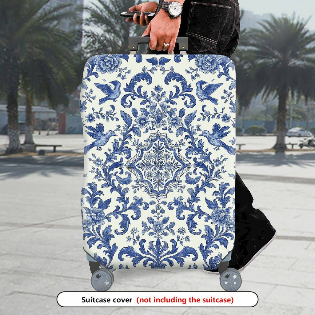 1-Piece Blue Vintage Floral Bird Pattern Damask  Suitcase Luggage Cover, Stretch Protective Sleeve