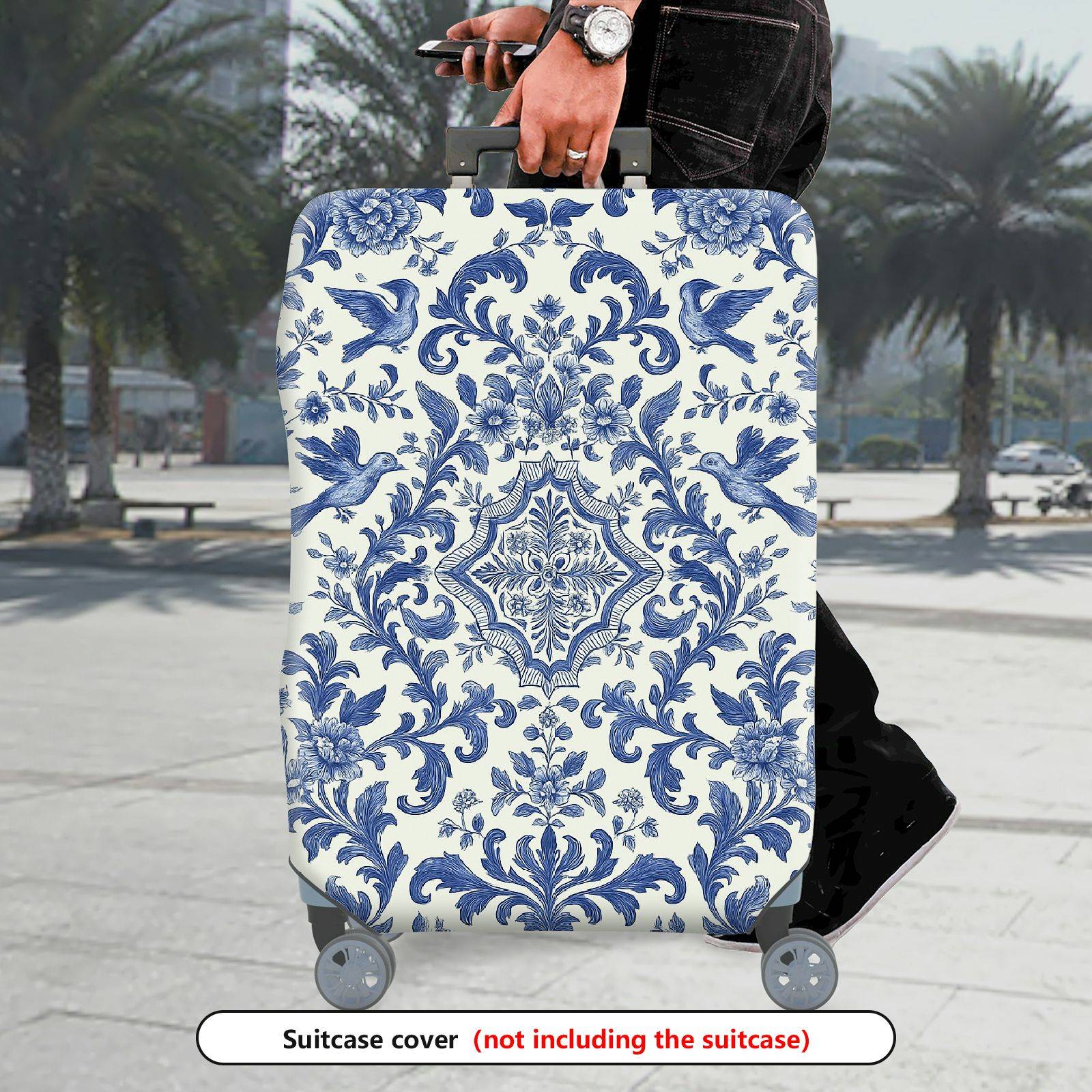 1-Piece Blue Vintage Floral Bird Pattern Damask  Suitcase Luggage Cover, Stretch Protective Sleeve