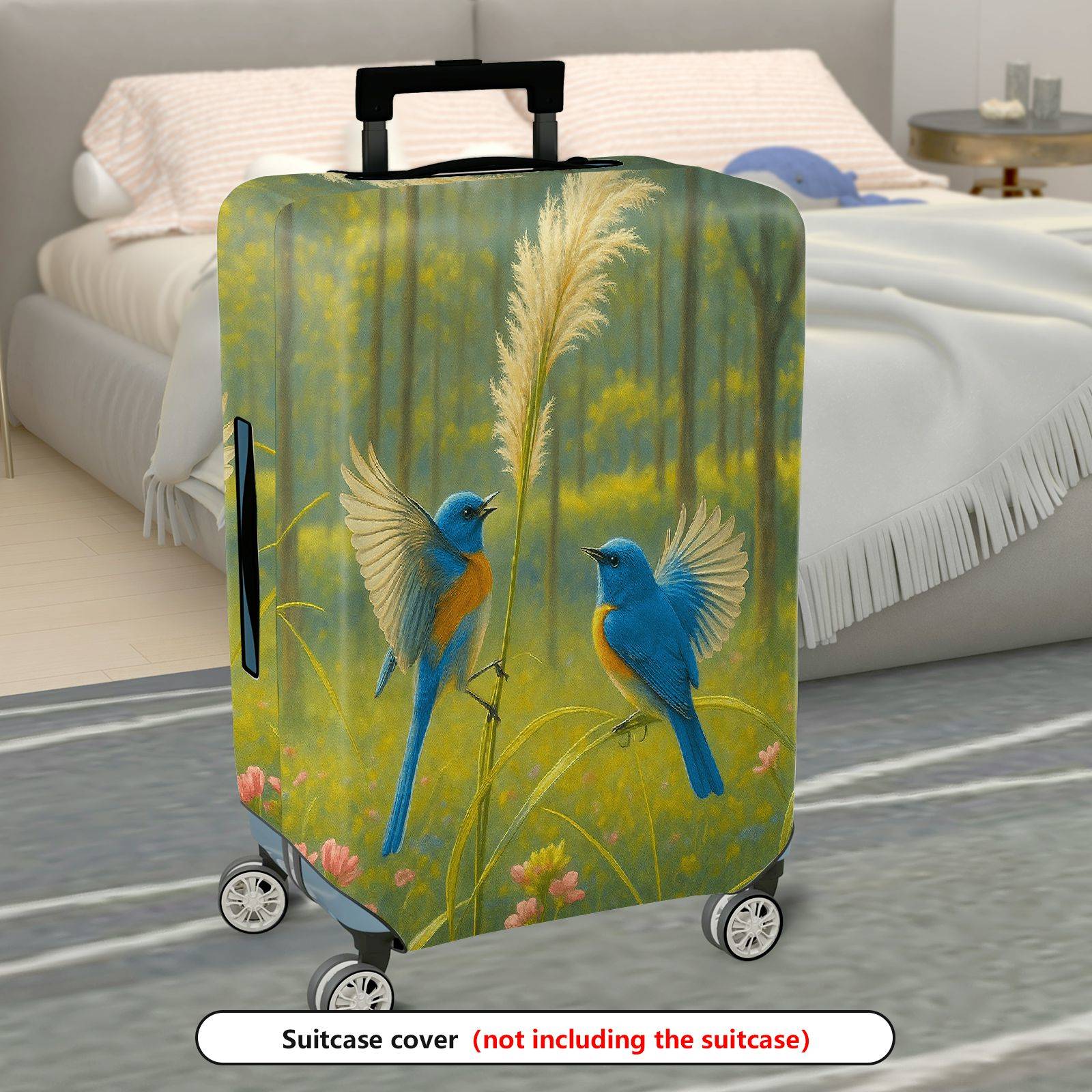 1-Piece Blue Bird Nature Forest Artistic Floral Scenic  Suitcase Luggage Cover, Stretch Protective Sleeve