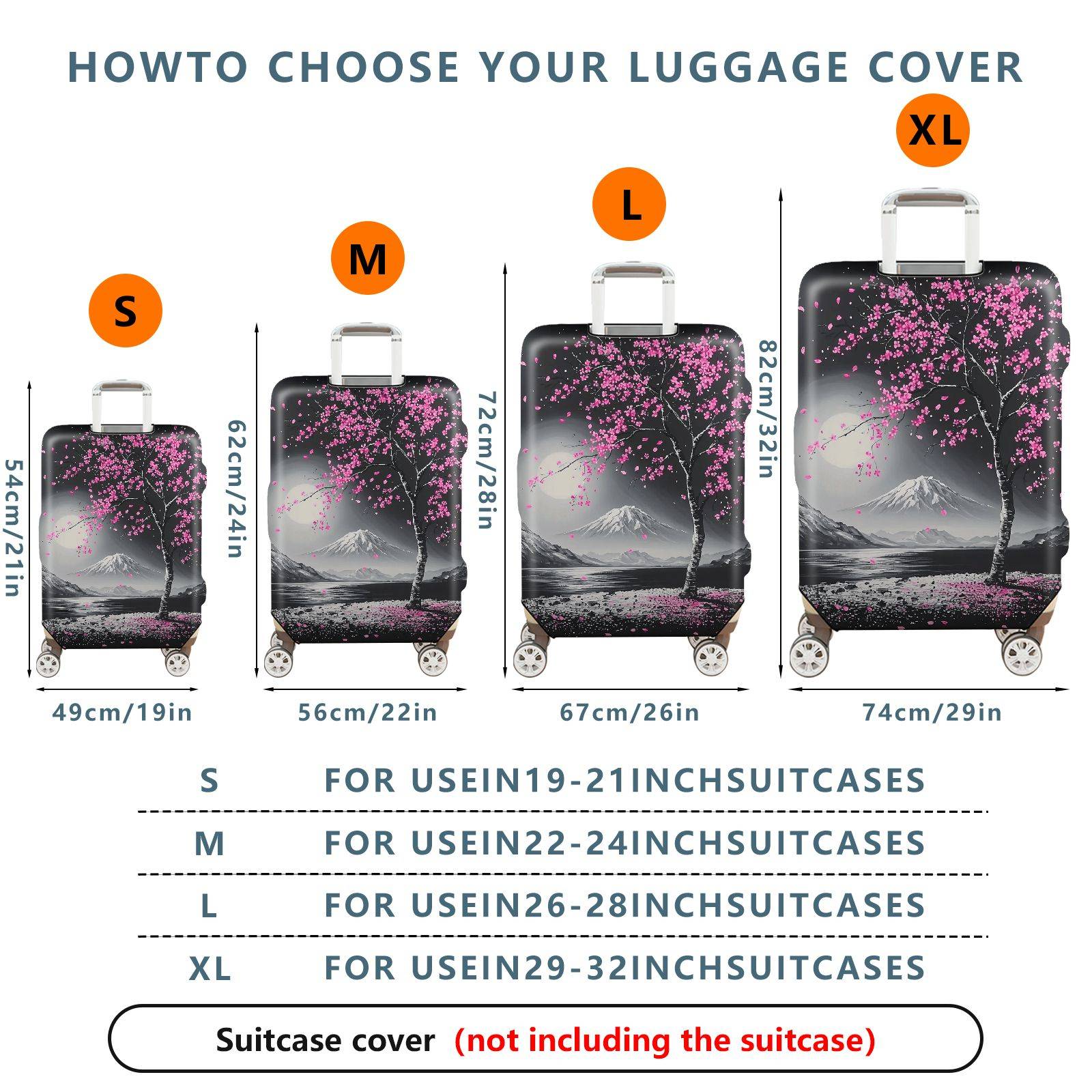 1-Piece Cherry Blossom Mountain Moon Scenic Artistic Nature Landscape  Suitcase Luggage Cover, Stretch Protective Sleeve