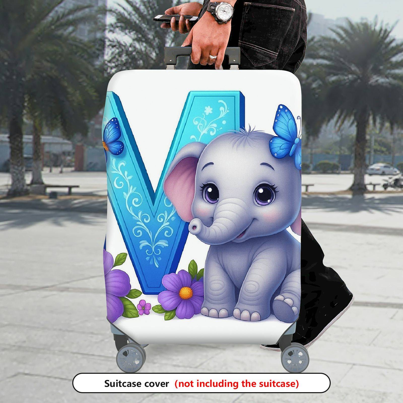 1-Piece Butterfly Floral Elephant Monogram Vibrant Letter  Suitcase Luggage Cover, Stretch Protective Sleeve