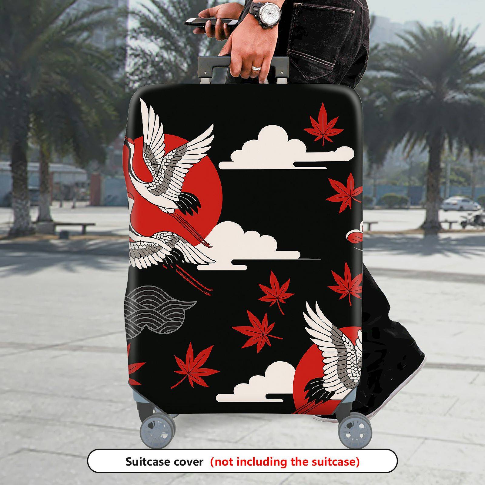 1-Piece Crane Red Sun Cloud Maple Leaves Wave  Suitcase Luggage Cover, Stretch Protective Sleeve