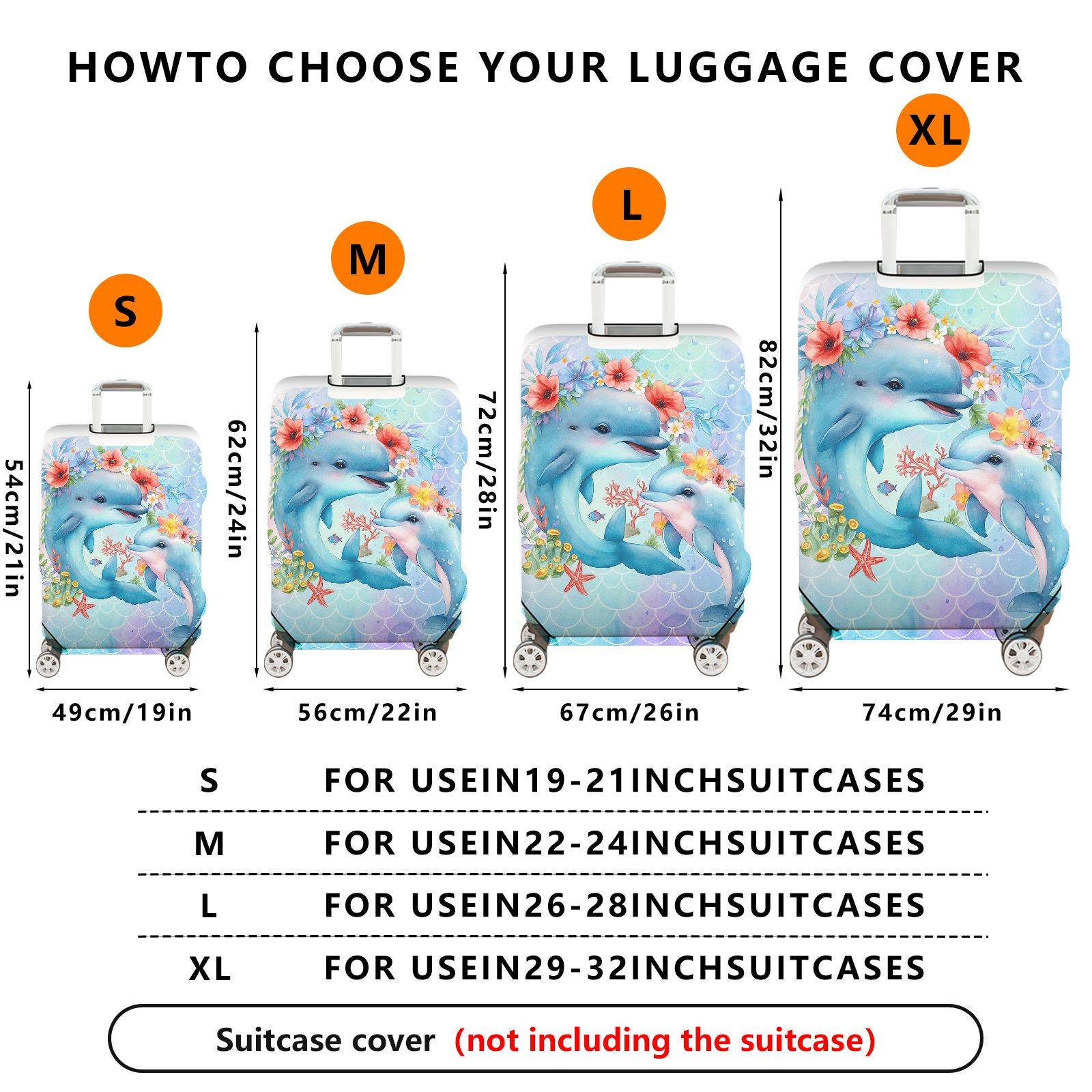 1-Piece Dolphin Floral Watercolor Ocean Mermaid Pattern  Suitcase Luggage Cover, Stretch Protective Sleeve