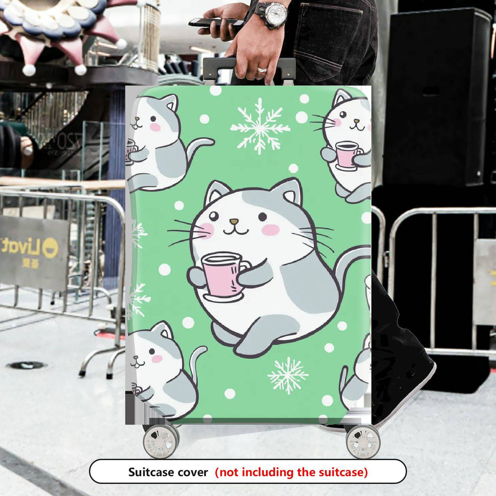 1-Piece Cute Cat Snowflake Coffee Winter Holiday  Suitcase Luggage Cover, Stretch Protective Sleeve