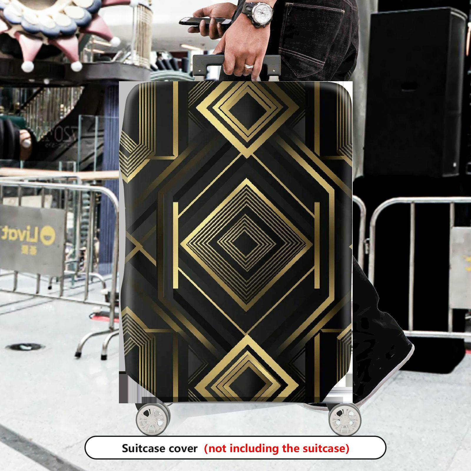 1-Piece Geometric Black Gold Diamond Pattern Abstract Modern Elegant  Suitcase Luggage Cover, Stretch Protective Sleeve
