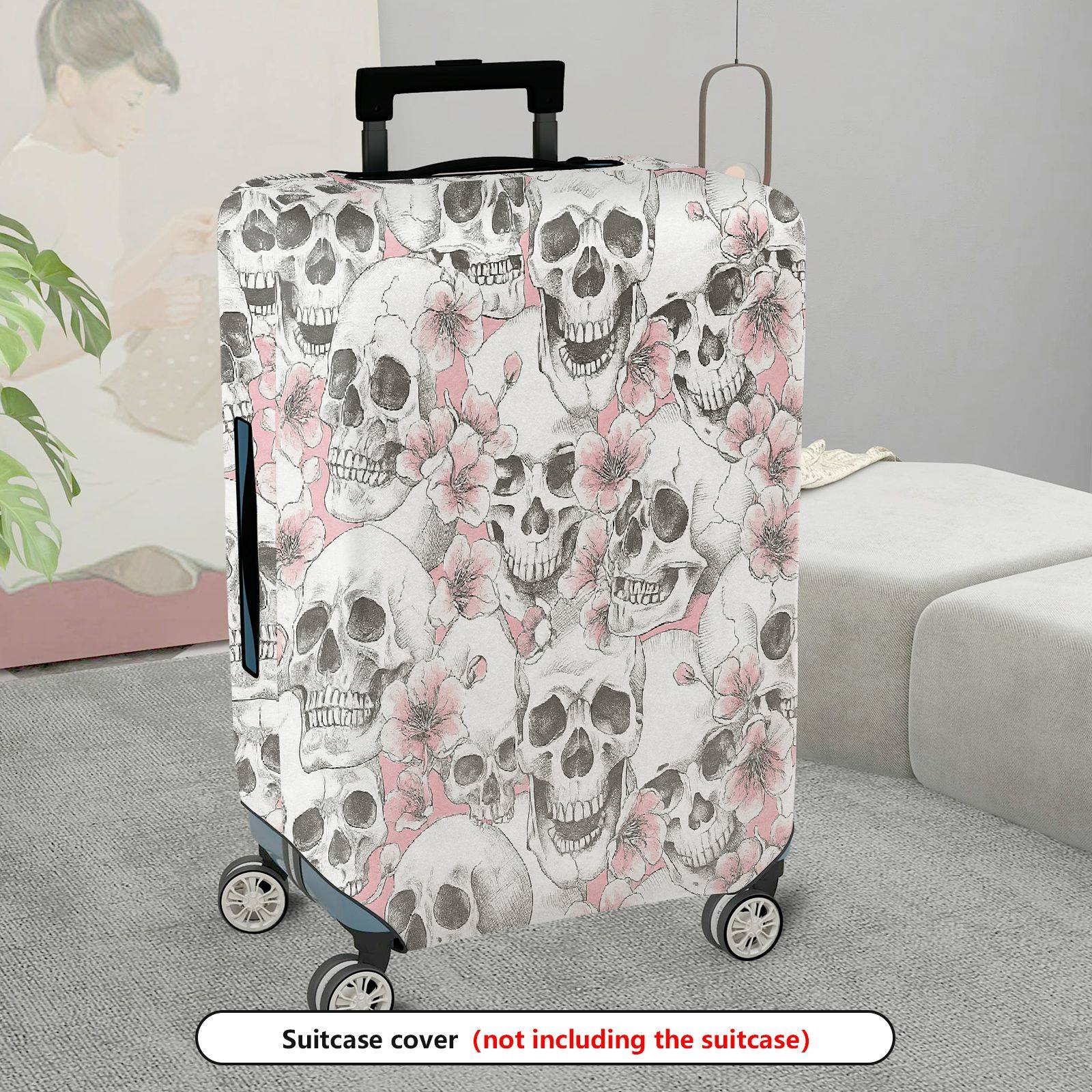 1-Piece Skull Floral Pink Gray Pattern Stylish Luggage  Suitcase Luggage Cover, Stretch Protective Sleeve