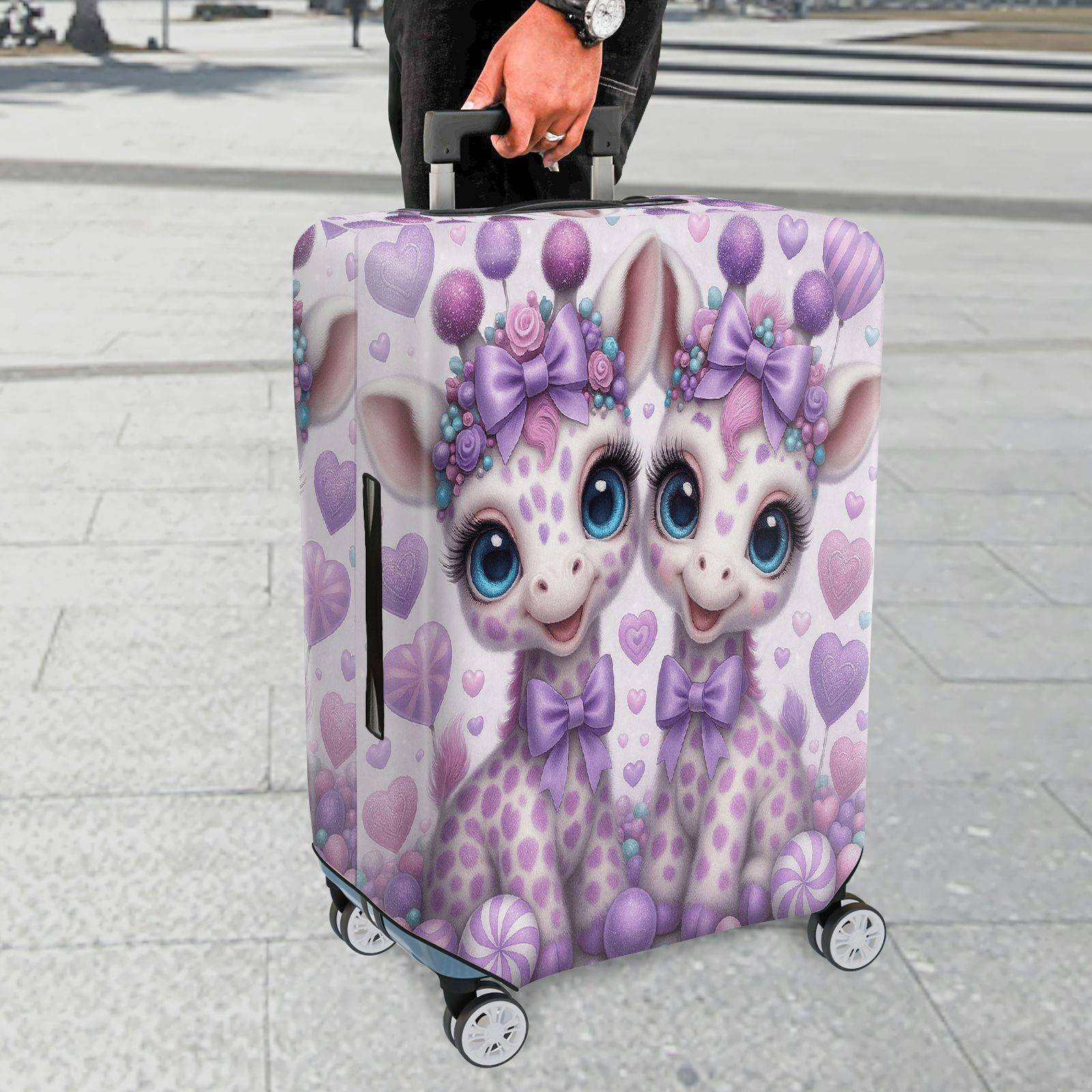 1-Piece Cute Giraffe Purple Bow Heart Candy Fantasy Animal  Suitcase Luggage Cover, Stretch Protective Sleeve