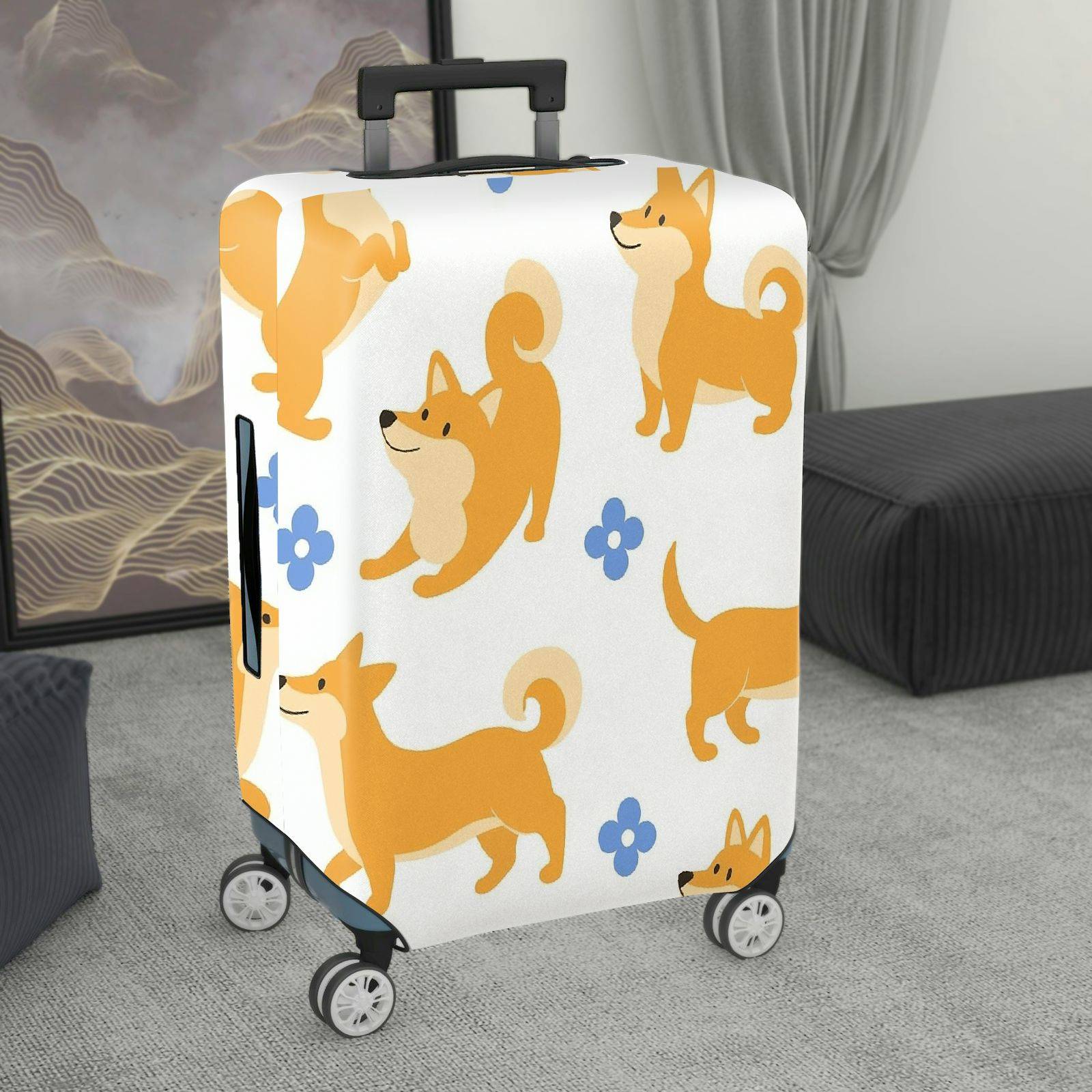 1-Piece Cute Dog Floral  Fun Colorful Whimsical  Suitcase Luggage Cover, Stretch Protective Sleeve
