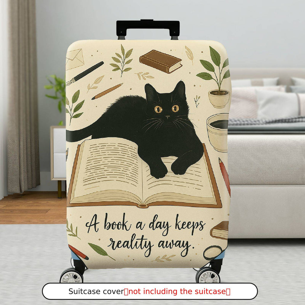 1-Piece Black Cat Book Plant Coffee Pen Artistic Vintage  Suitcase Luggage Cover, Stretch Protective Sleeve