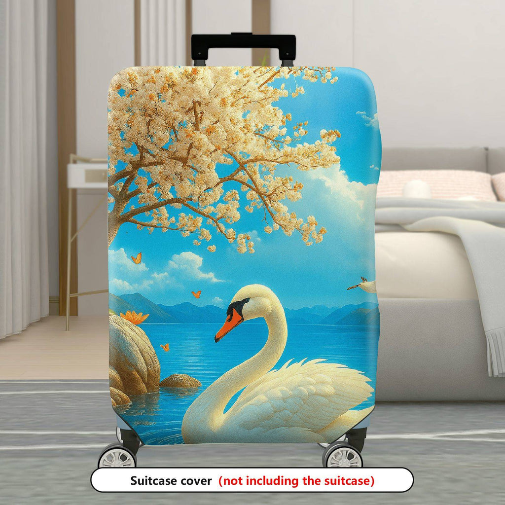 1-Piece Swan Scenic Floral Nature Blue Artistic  Suitcase Luggage Cover, Stretch Protective Sleeve