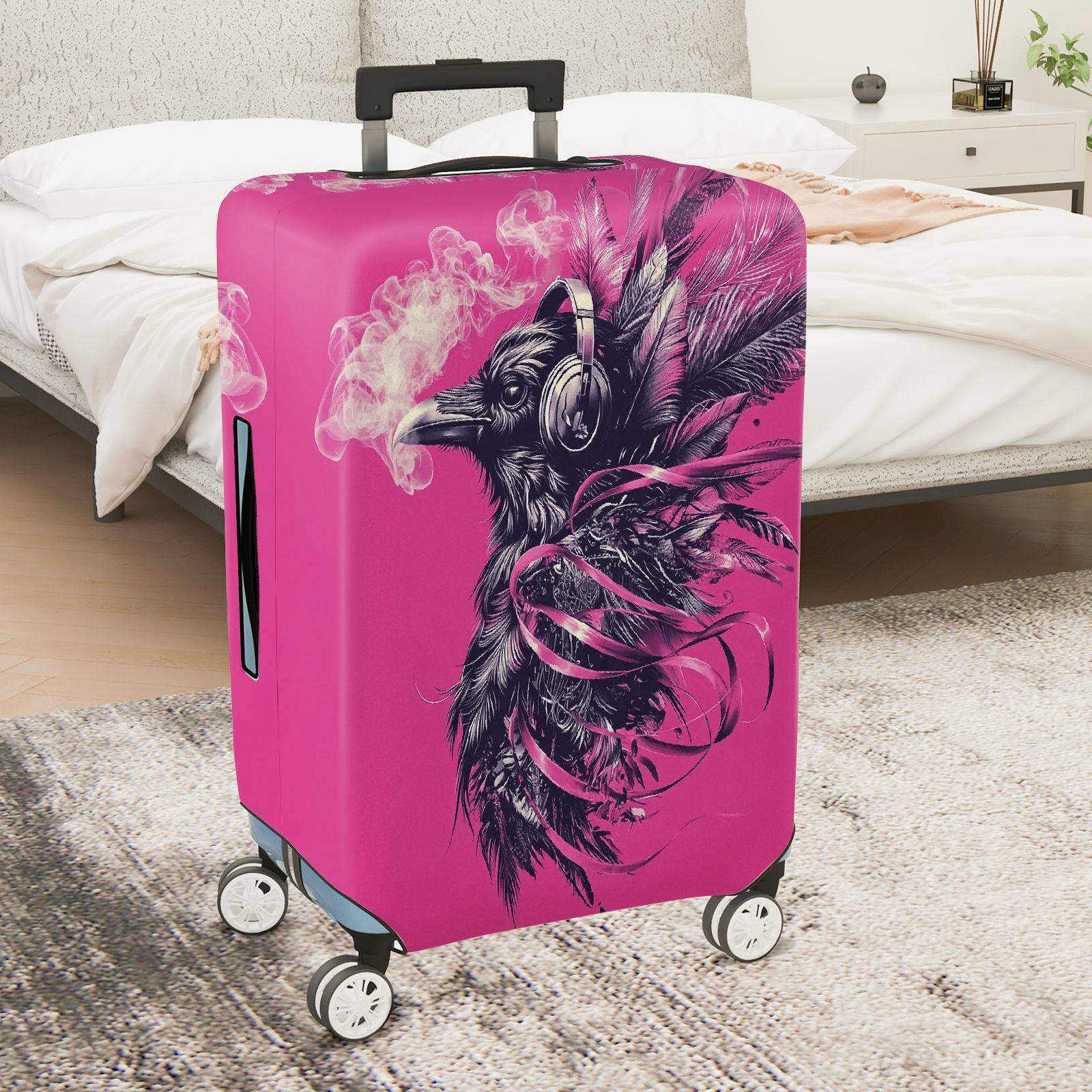 1-Piece Artistic Pink Raven Feather Smoke Headphones  Suitcase Luggage Cover, Stretch Protective Sleeve