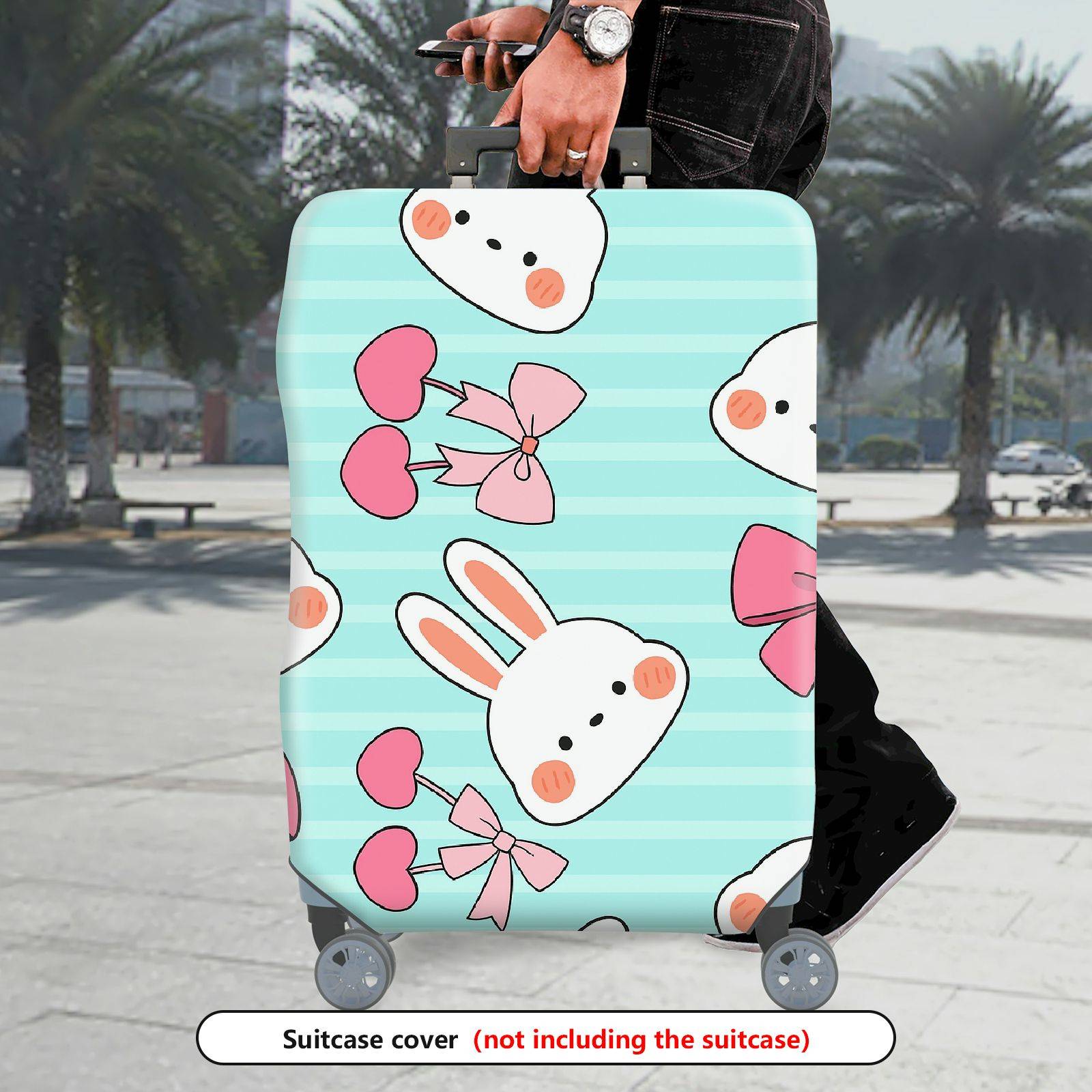 1-Piece Cute Bunny Pink Bow Love Stripes  Suitcase Luggage Cover, Stretch Protective Sleeve