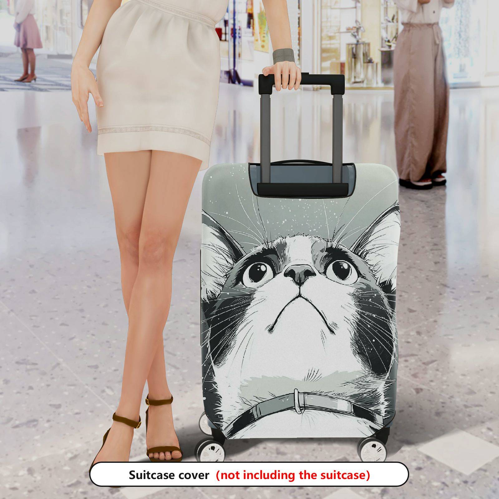 1-Piece Cute Cat Print Artistic Monochrome Stylish Graphic Unique  Suitcase Luggage Cover, Stretch Protective Sleeve