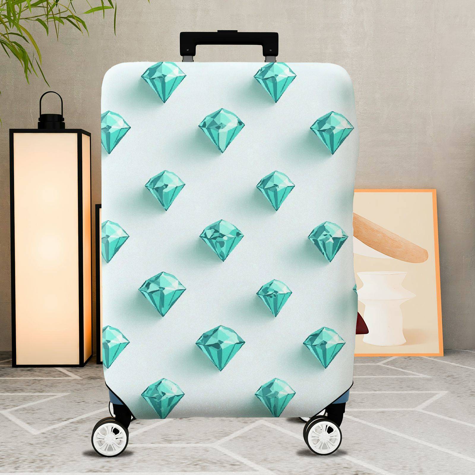 1-Piece Diamond Geometric Pattern Turquoise Blue White Chic  Suitcase Luggage Cover, Stretch Protective Sleeve