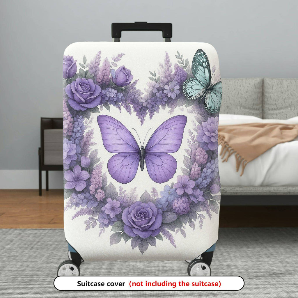 1-Piece Purple Butterfly Floral Rose Lavender Artistic  Suitcase Luggage Cover, Stretch Protective Sleeve