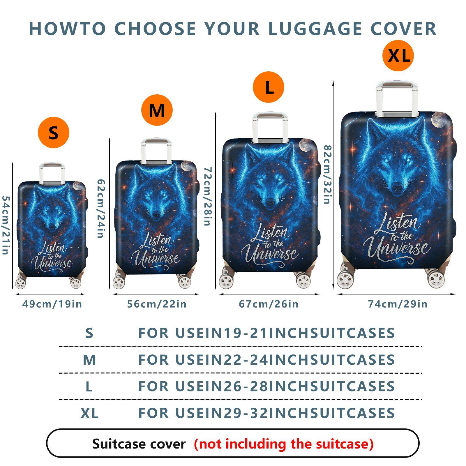 1-Piece Cosmic Wolf Galaxy Stars Moon Text  Suitcase Luggage Cover, Stretch Protective Sleeve