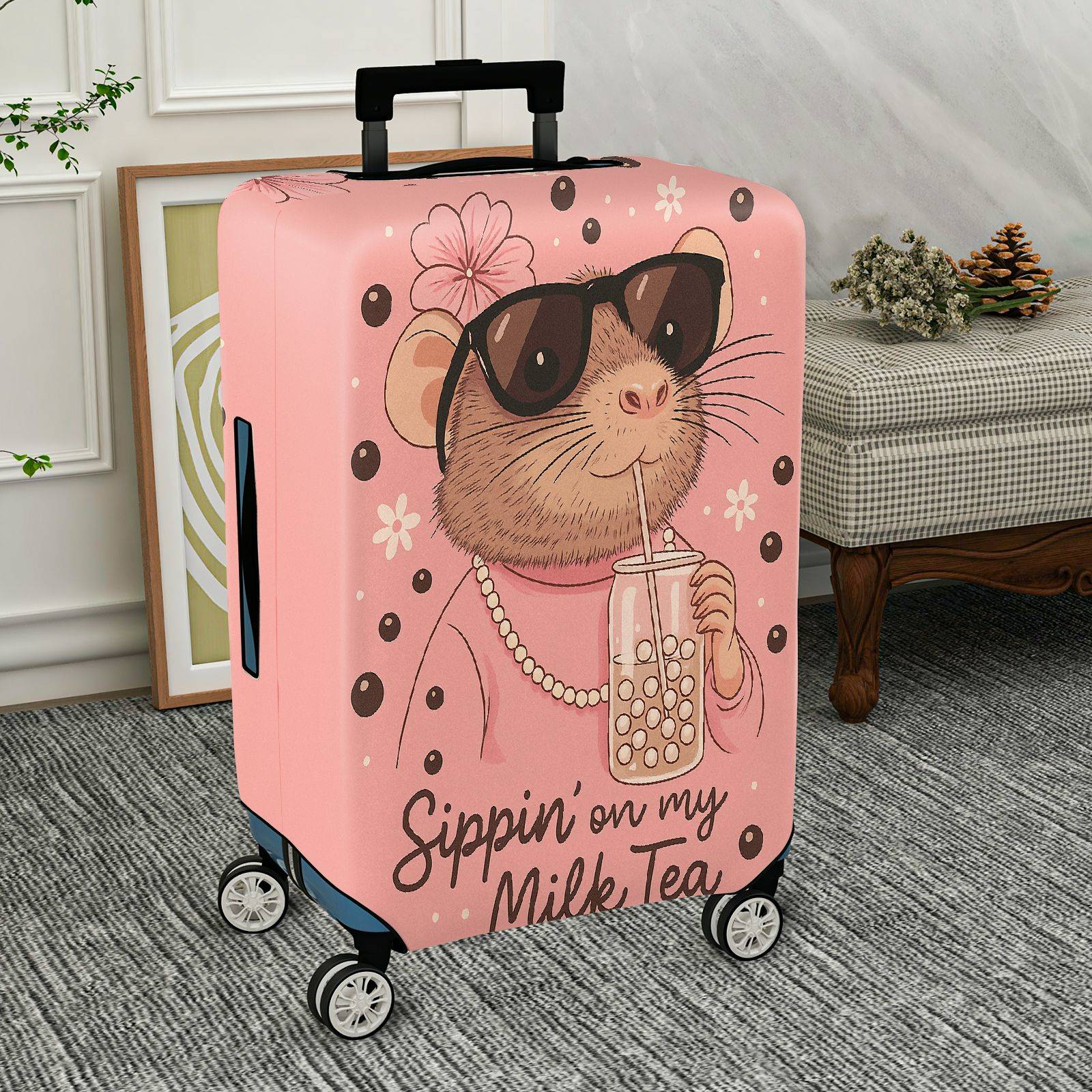 1-Piece Animal Bubble Tea Sunglasses Flower Jewelry  Suitcase Luggage Cover, Stretch Protective Sleeve