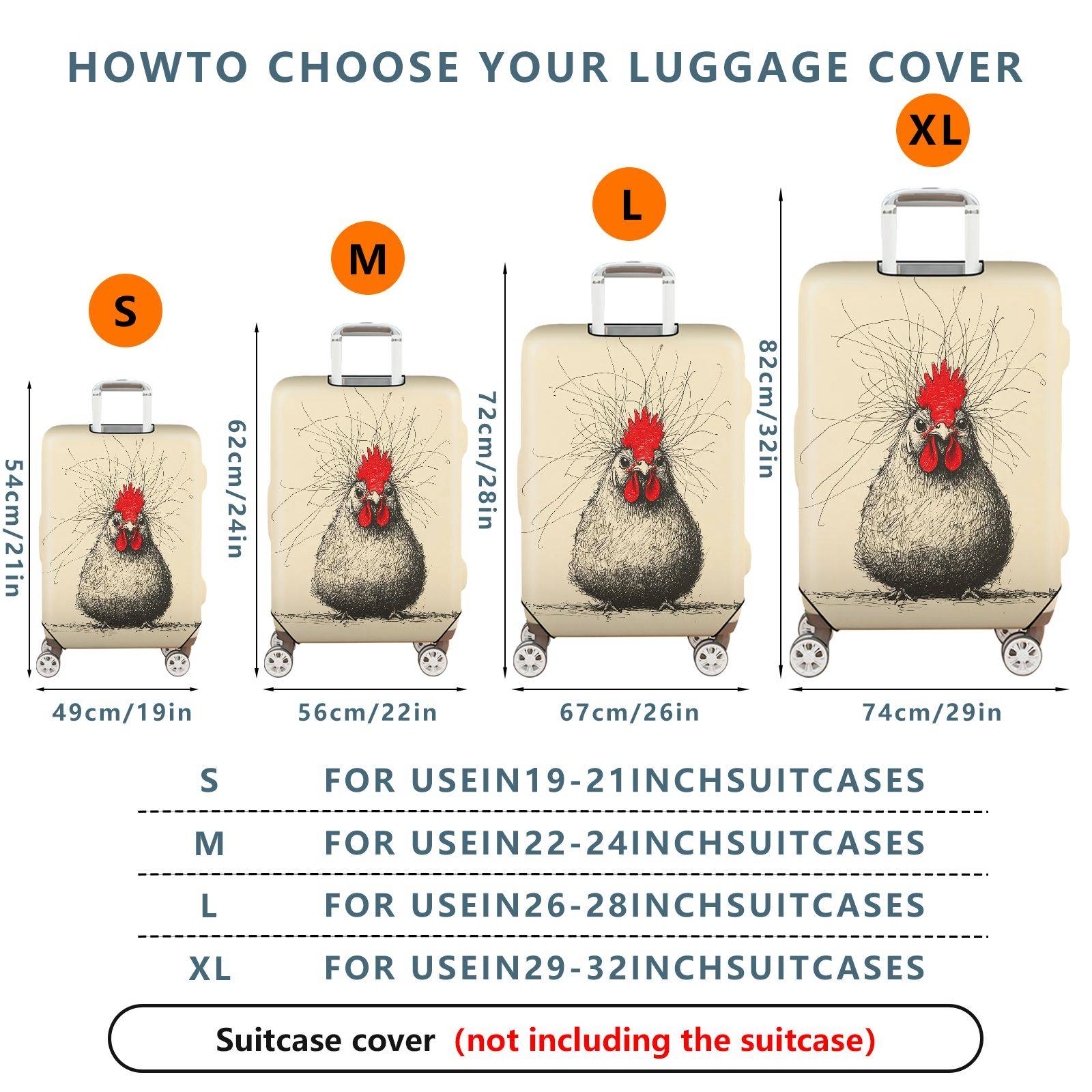 1-Piece Artistic Chicken Sketch  Animal Graphic Fun  Suitcase Luggage Cover, Stretch Protective Sleeve