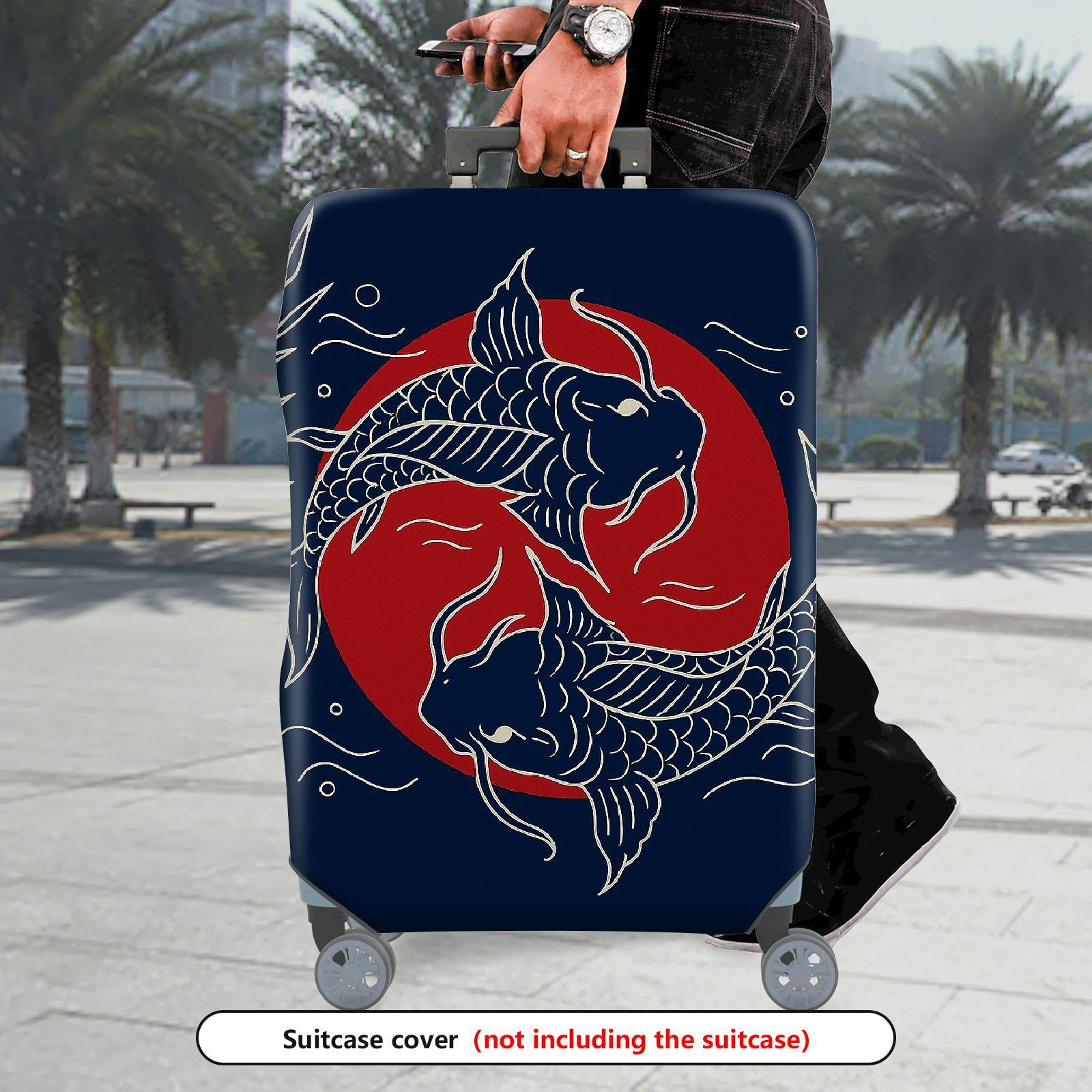 1-Piece Fish Red Blue Japanese Art Minimalistic Leaf  Suitcase Luggage Cover, Stretch Protective Sleeve