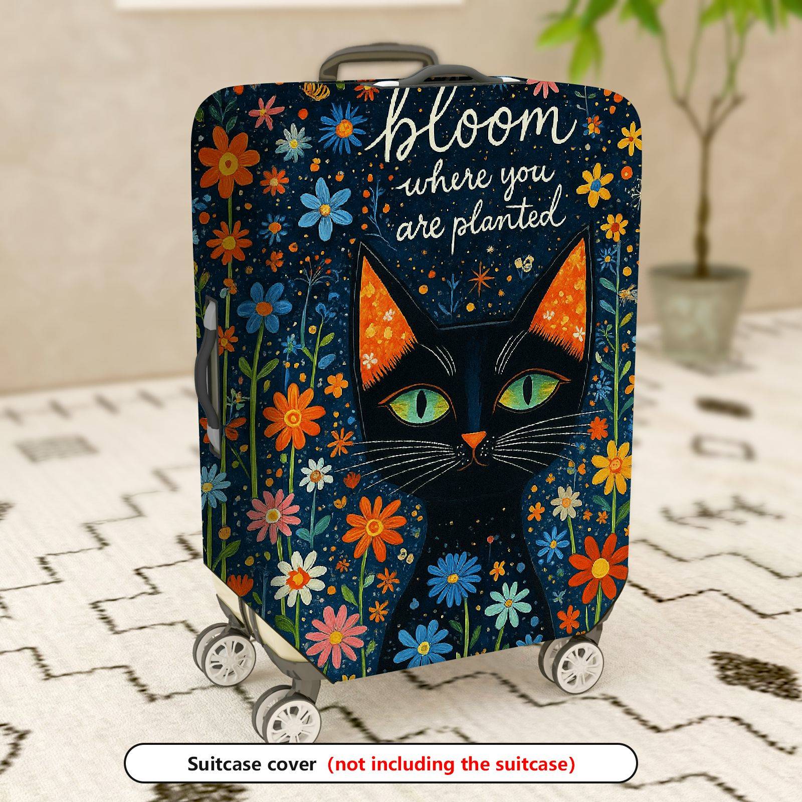 1-Piece Artistic Floral Cat Starry Night Inspirational Text  Suitcase Luggage Cover, Stretch Protective Sleeve