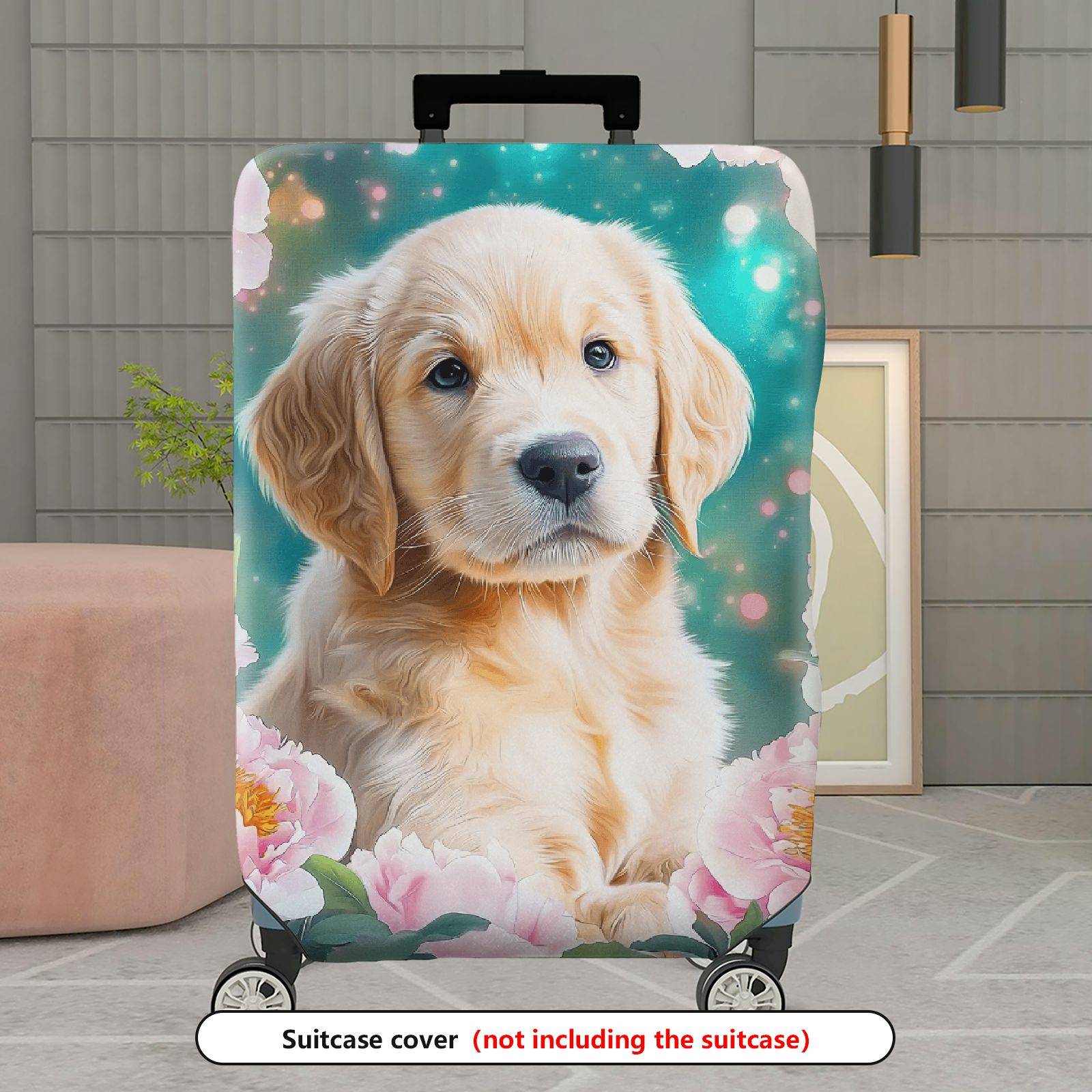 1-Piece Floral Dog Pink Peony Cute Animal  Suitcase Luggage Cover, Stretch Protective Sleeve
