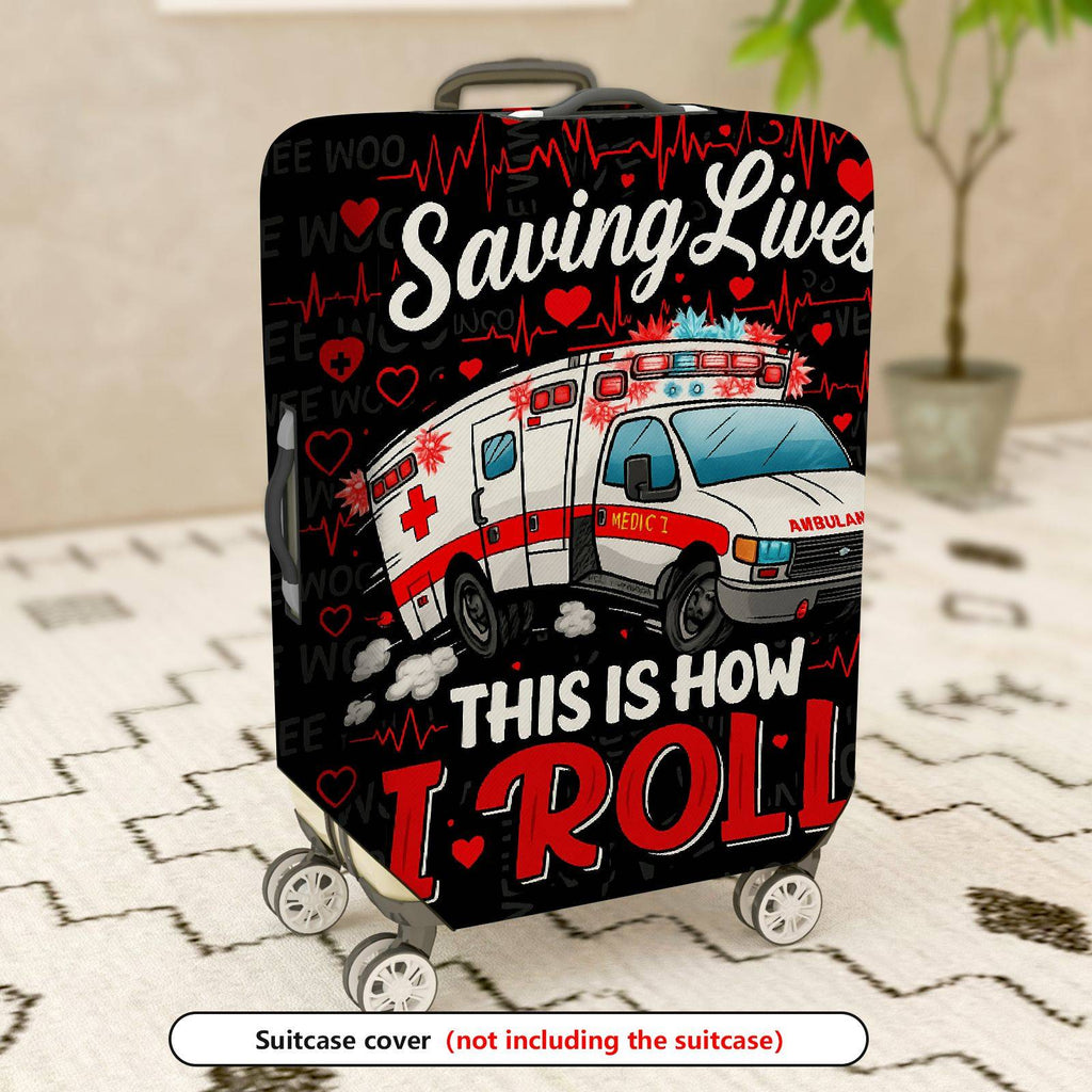 1-Piece Ambulance Saving Lives Heart EKG Emergency Red  Suitcase Luggage Cover, Stretch Protective Sleeve