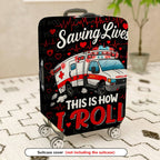 1-Piece Ambulance Saving Lives Heart EKG Emergency Red  Suitcase Luggage Cover, Stretch Protective Sleeve