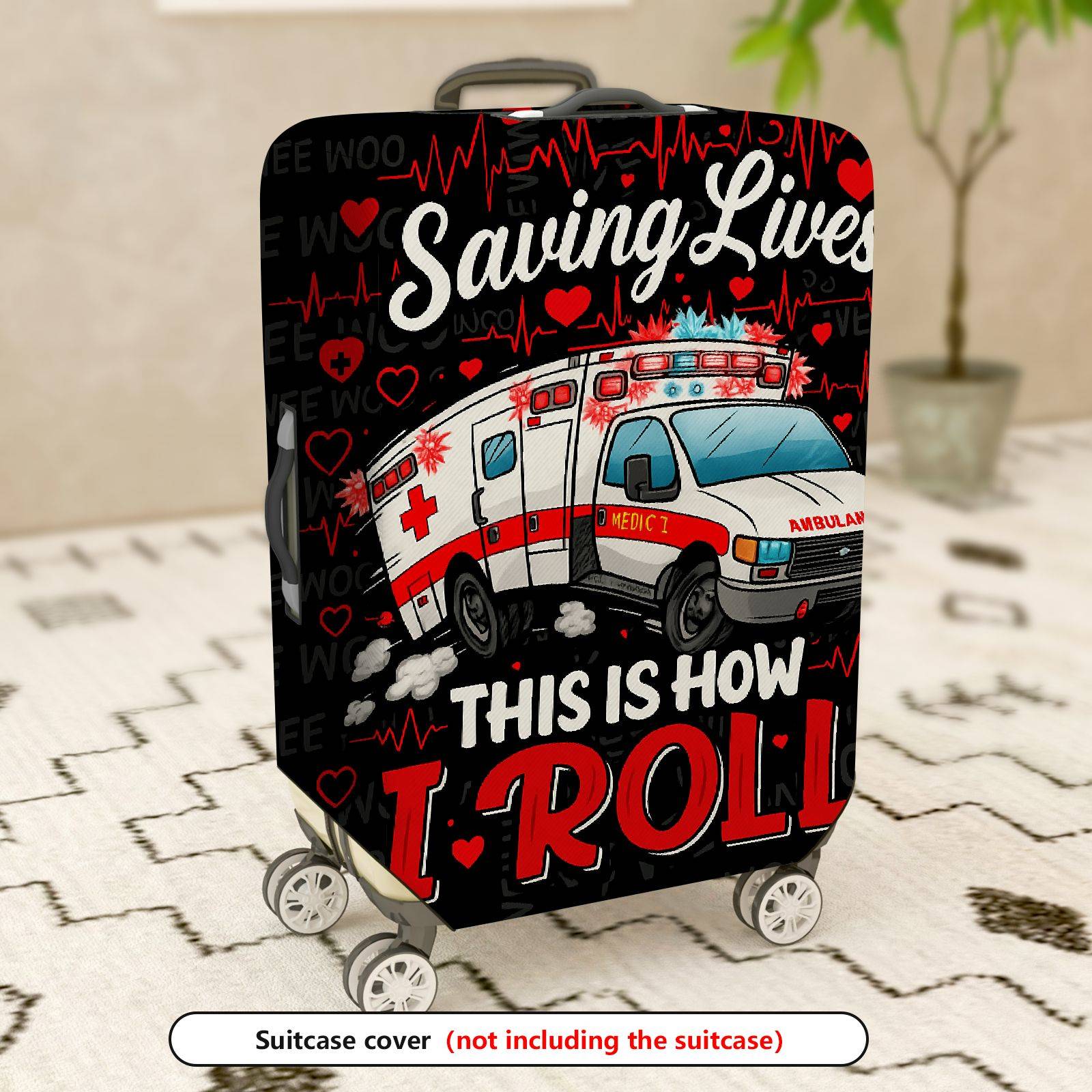 1-Piece Ambulance Saving Lives Heart EKG Emergency Red  Suitcase Luggage Cover, Stretch Protective Sleeve