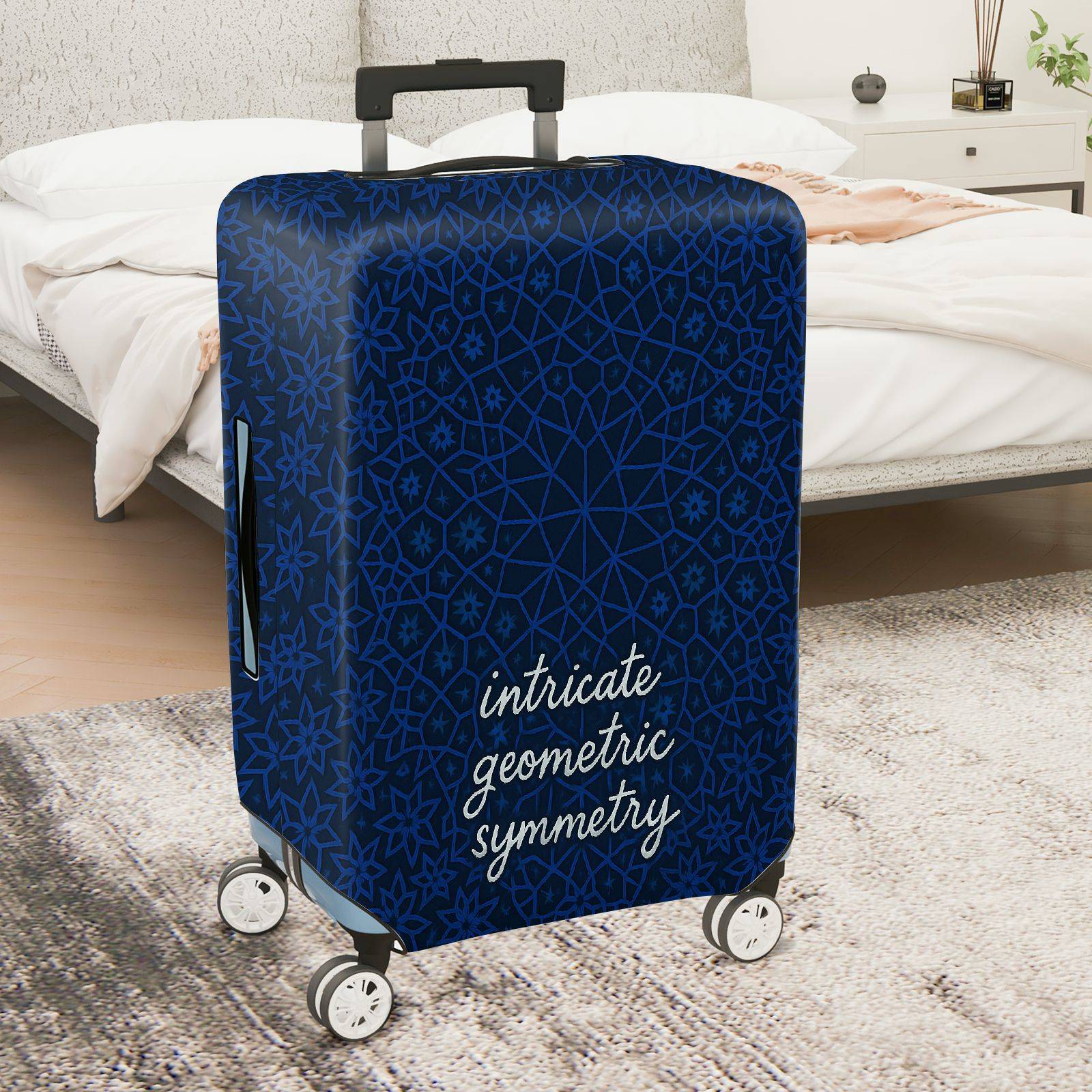 1-Piece Blue Intricate Geometric Symmetry Floral Star Pattern  Suitcase Luggage Cover, Stretch Protective Sleeve