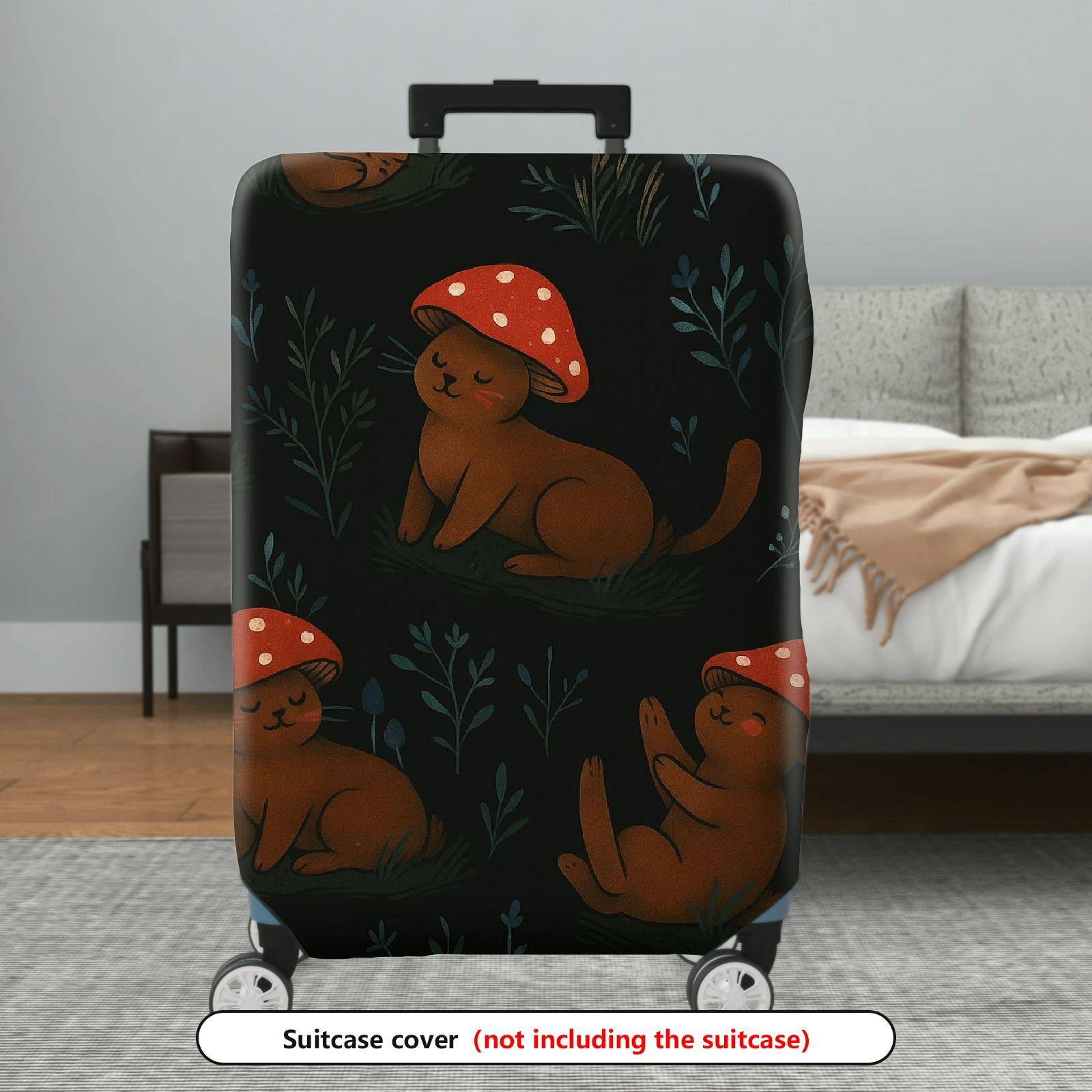 1-Piece Adorable Forest Mushroom Rabbit Woodland Black  Suitcase Luggage Cover, Stretch Protective Sleeve