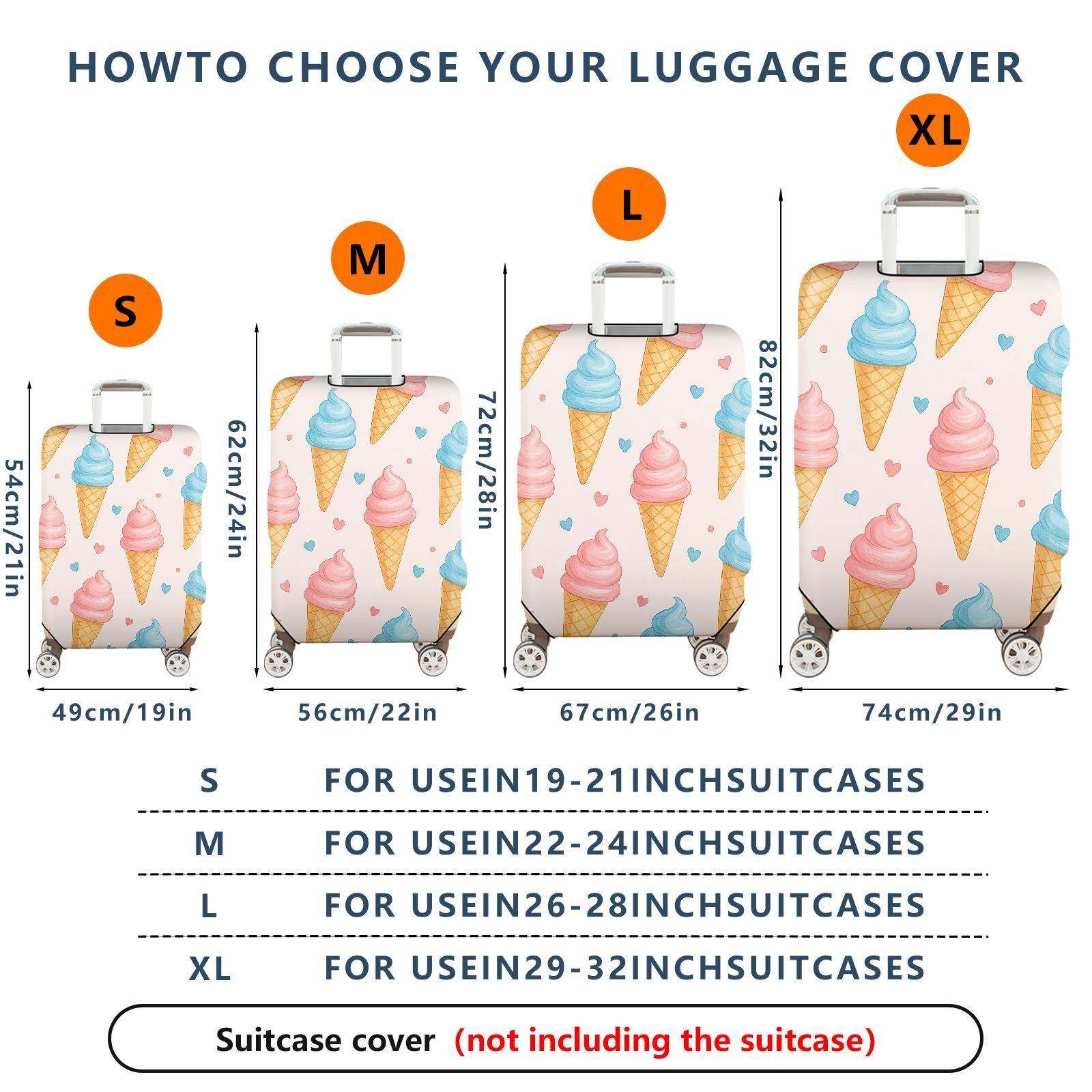 1-Piece Ice Cream Cone Heart Pattern Pastel Pink Blue Travel  Suitcase Luggage Cover, Stretch Protective Sleeve