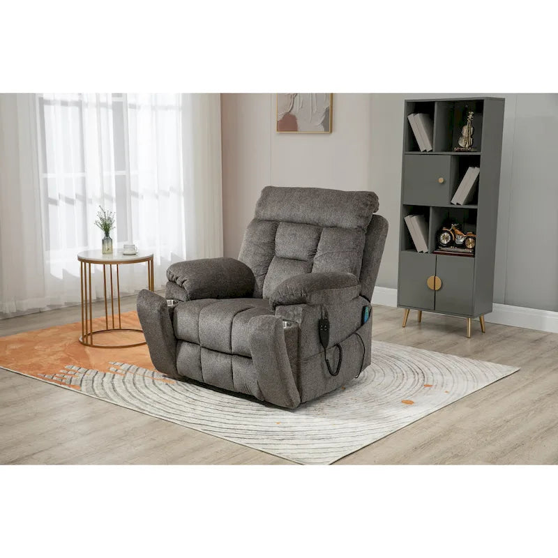Gray Chenille Power Lift Recliner, Massage, Hidden Cup Holder