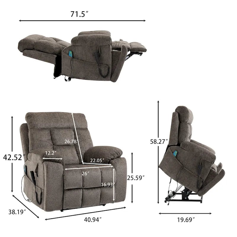Gray Chenille Power Lift Recliner, Massage, Hidden Cup Holder