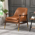 29.2 Mid-Century Faux Leather Accent Chair with Cushioned Seat, Solid Wood Frame, and Brass-Tipped Legs