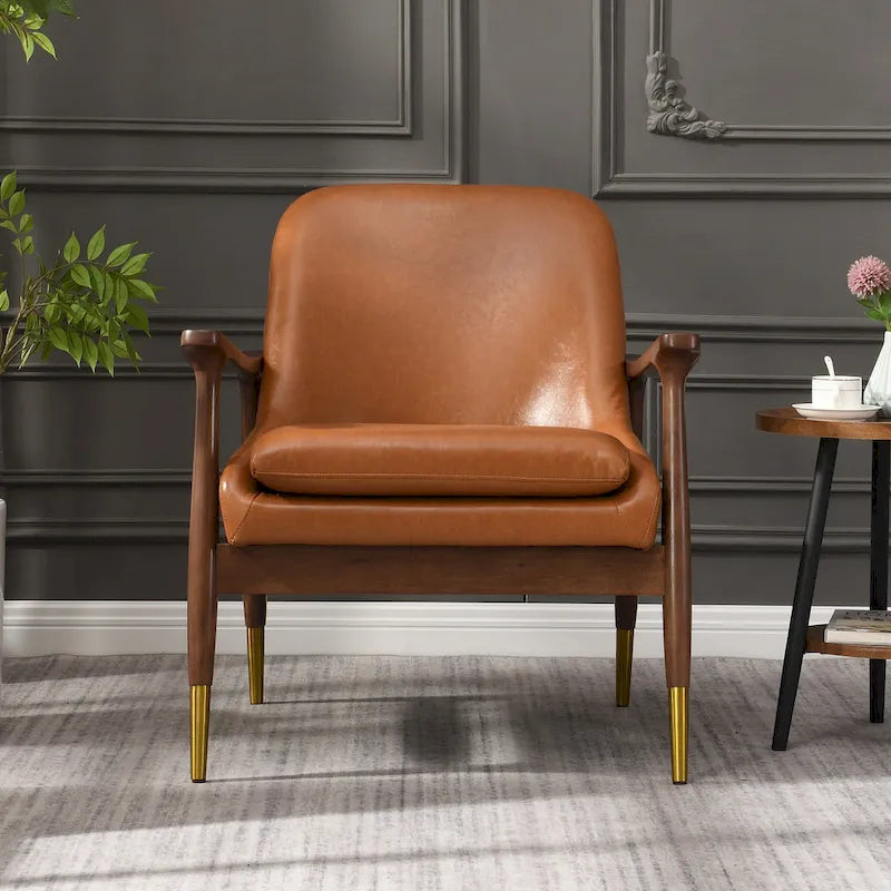 29.2 Mid-Century Faux Leather Accent Chair with Cushioned Seat, Solid Wood Frame, and Brass-Tipped Legs