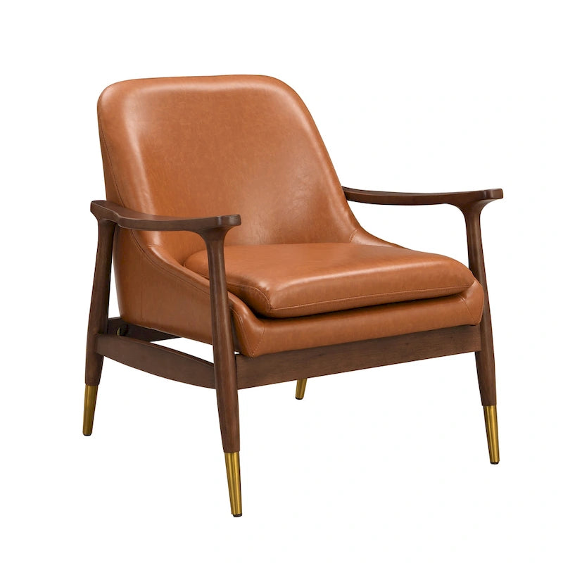 29.2 Mid-Century Faux Leather Accent Chair with Cushioned Seat, Solid Wood Frame, and Brass-Tipped Legs