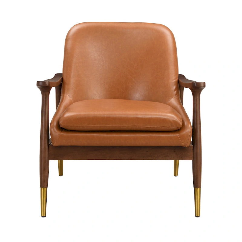 29.2 Mid-Century Faux Leather Accent Chair with Cushioned Seat, Solid Wood Frame, and Brass-Tipped Legs