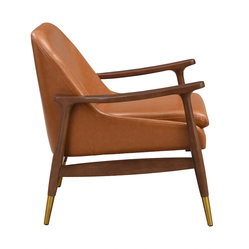 29.2 Mid-Century Faux Leather Accent Chair with Cushioned Seat, Solid Wood Frame, and Brass-Tipped Legs