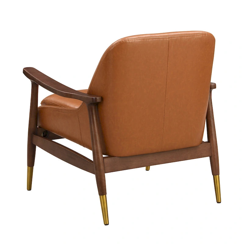 29.2 Mid-Century Faux Leather Accent Chair with Cushioned Seat, Solid Wood Frame, and Brass-Tipped Legs