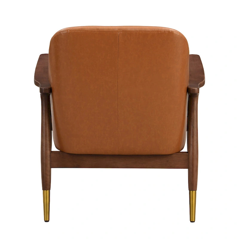 29.2 Mid-Century Faux Leather Accent Chair with Cushioned Seat, Solid Wood Frame, and Brass-Tipped Legs