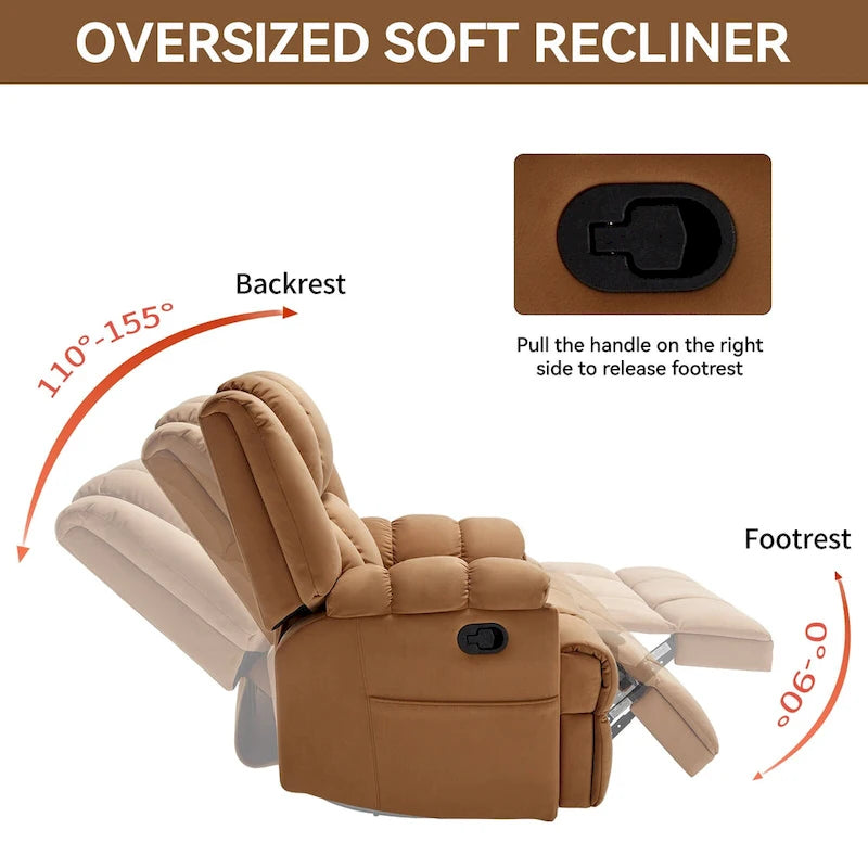 Oversized Swivel Rocker Recliner, Footrest, Pockets, Manual