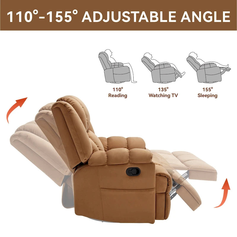 Oversized Swivel Rocker Recliner, Footrest, Pockets, Manual