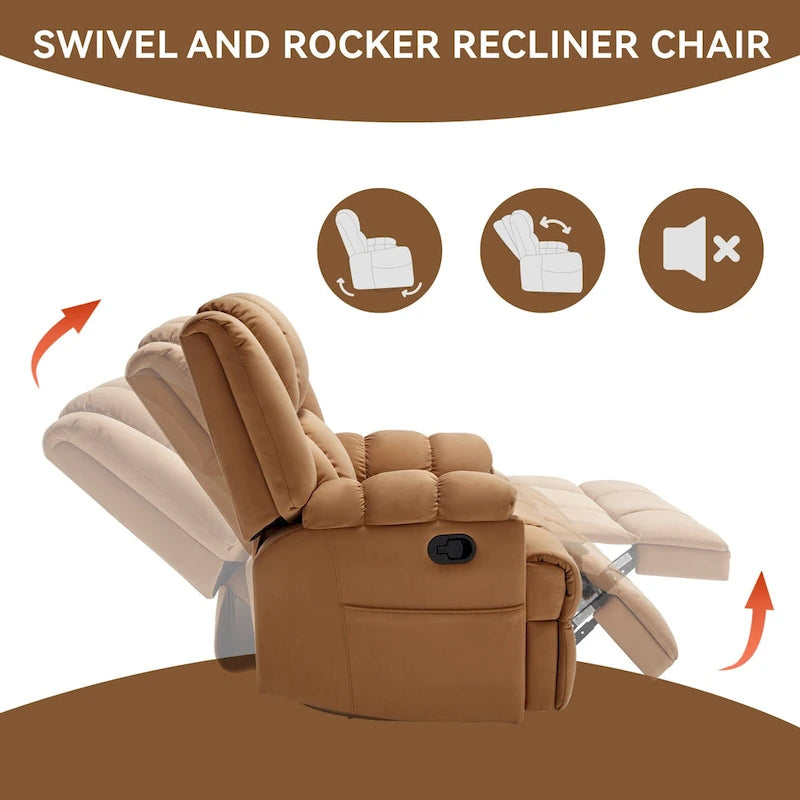 Oversized Swivel Rocker Recliner, Footrest, Pockets, Manual