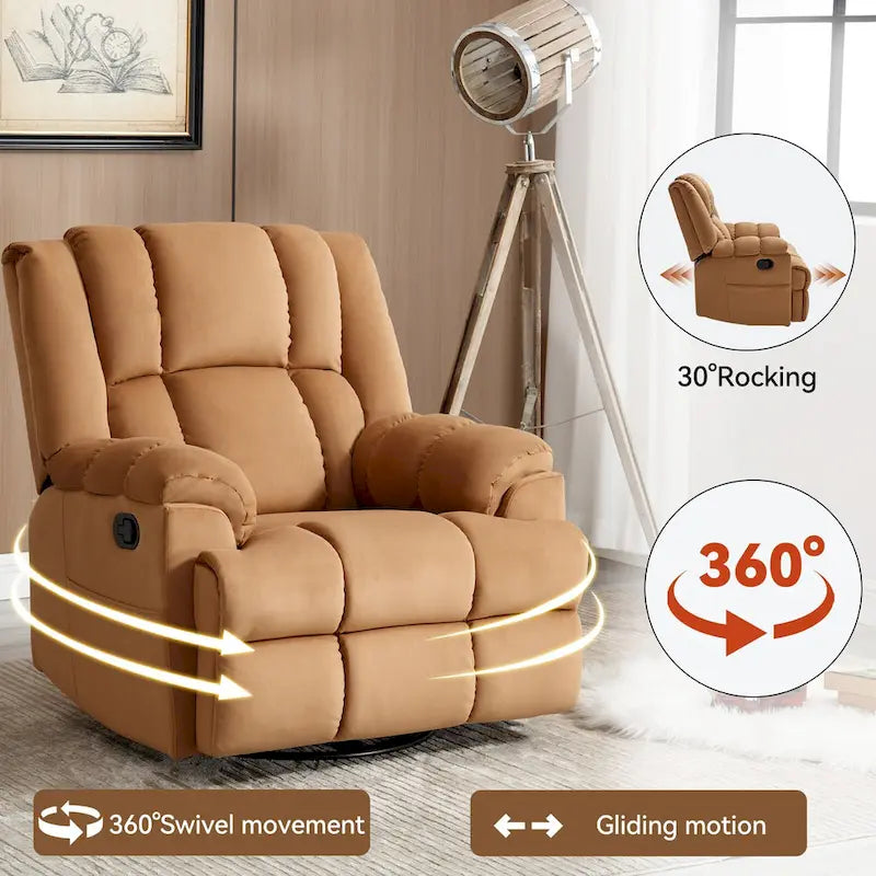 Oversized Swivel Rocker Recliner, Footrest, Pockets, Manual