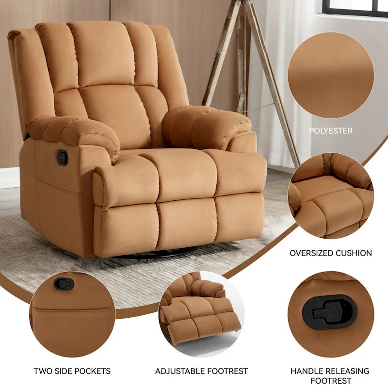 Oversized Swivel Rocker Recliner, Footrest, Pockets, Manual