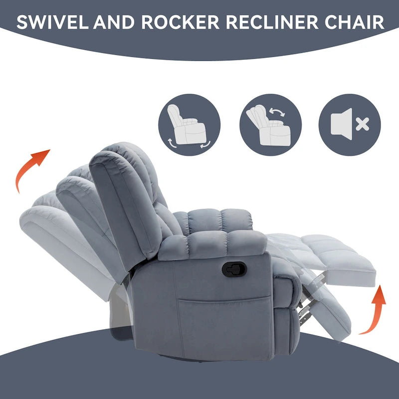 Oversized Swivel Rocker Recliner, Footrest, Pockets, Manual