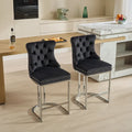 Modern 25 Set of 2 Bar Stools with Buttoned Back Studded Trim Chrome Metal Base Legs, for Dining Room Living Room and Bedroom