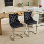 Modern 25 Set of 2 Bar Stools with Buttoned Back Studded Trim Chrome Metal Base Legs, for Dining Room Living Room and Bedroom