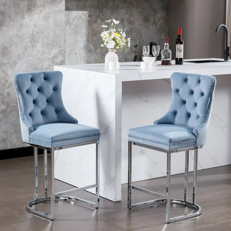 Modern 25 Set of 2 Bar Stools with Buttoned Back Studded Trim Chrome Metal Base Legs, for Dining Room Living Room and Bedroom
