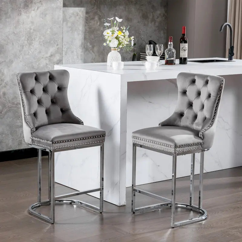 Modern 25 Set of 2 Bar Stools with Buttoned Back Studded Trim Chrome Metal Base Legs, for Dining Room Living Room and Bedroom